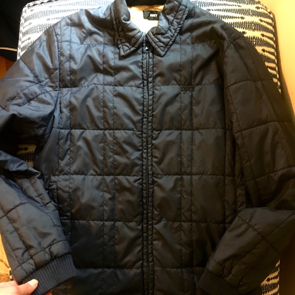 Obey Mens quilted Navy Jacket medium